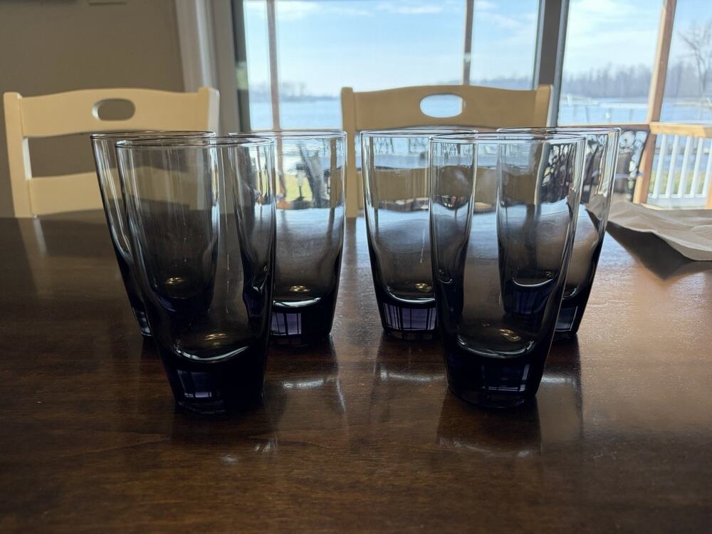 7 Libbey Smokey Grey Tumblers 16 oz Glasses 6” Tall Weighted Bottoms.